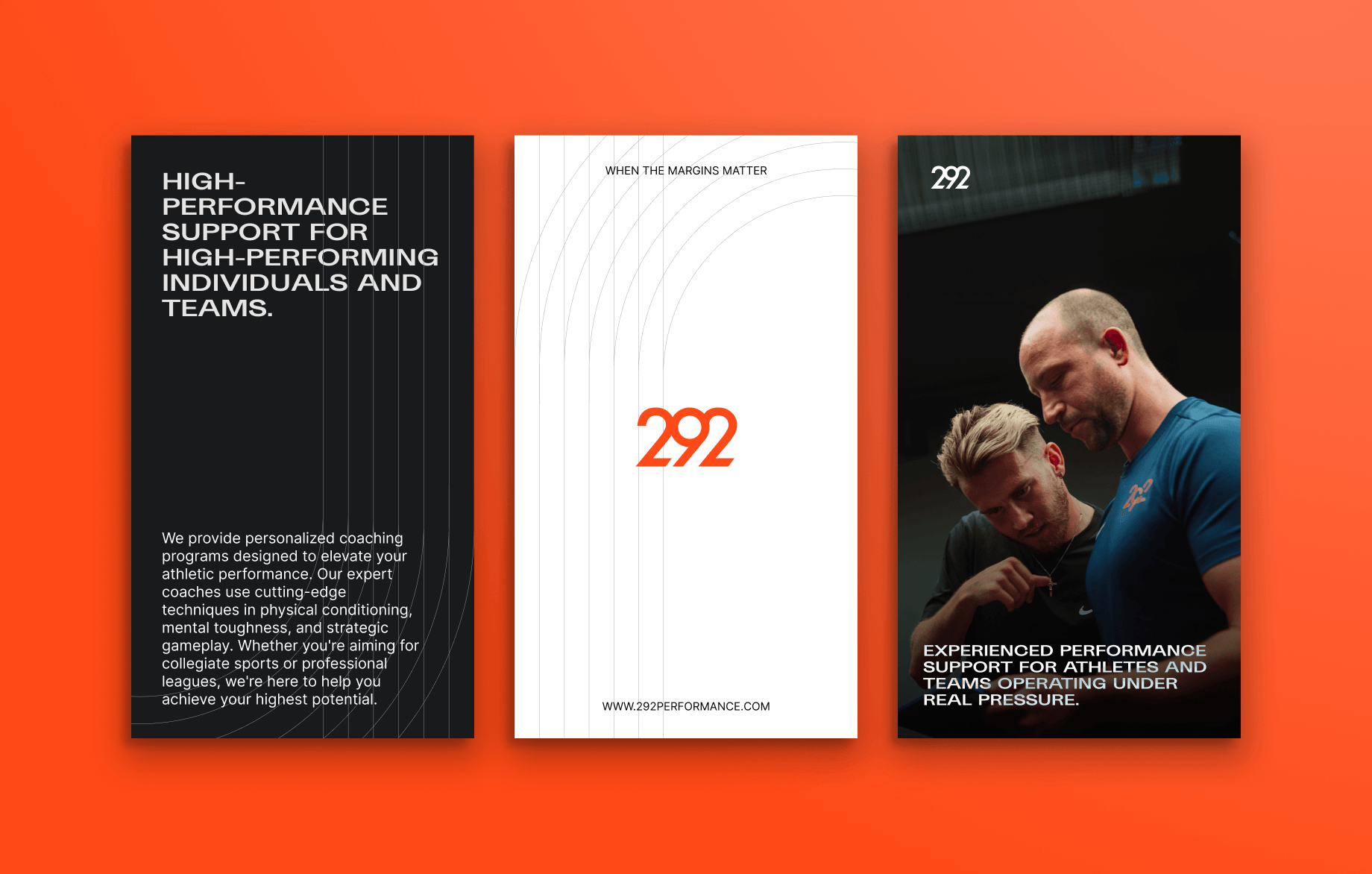 Three 292 Performance posters on the brand's orange