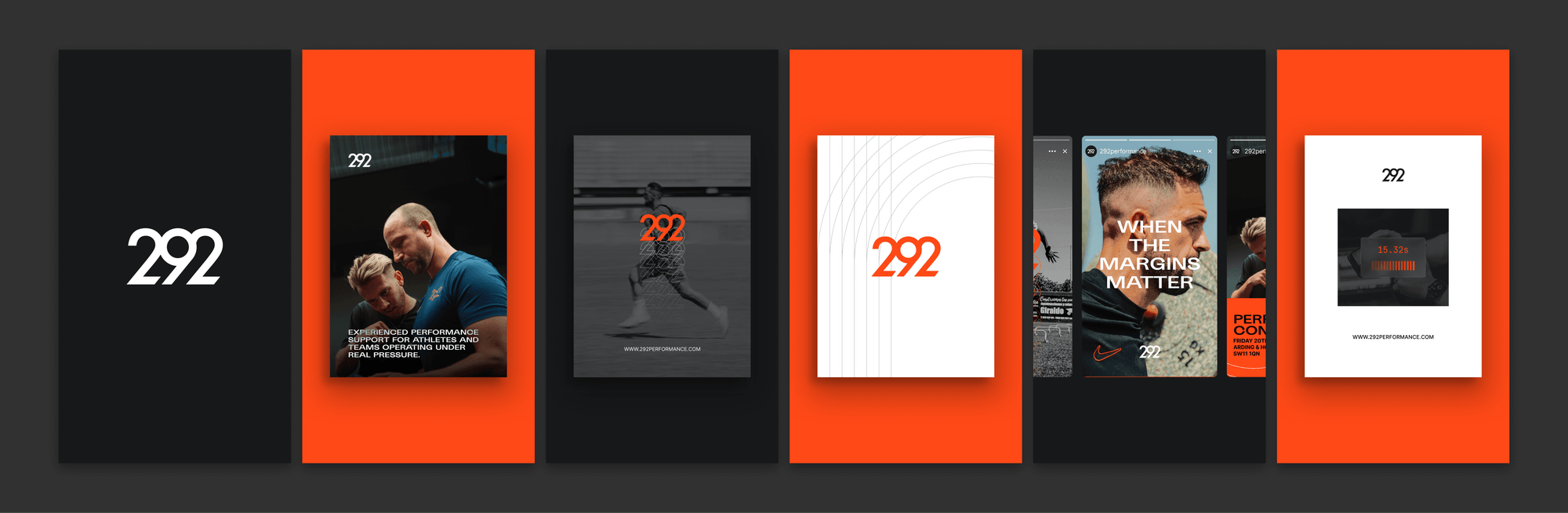 Social and campaign layouts across alternating black and orange panels