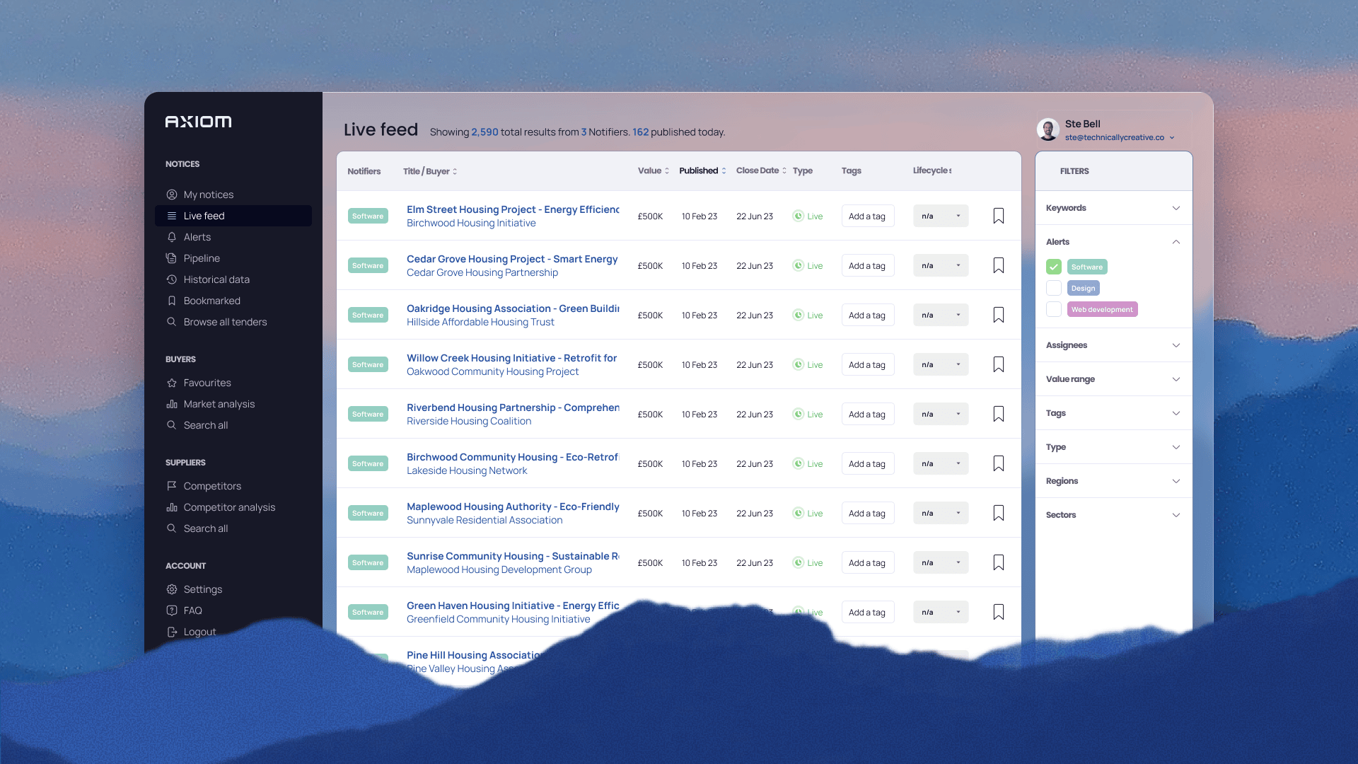 The Axiom dashboard